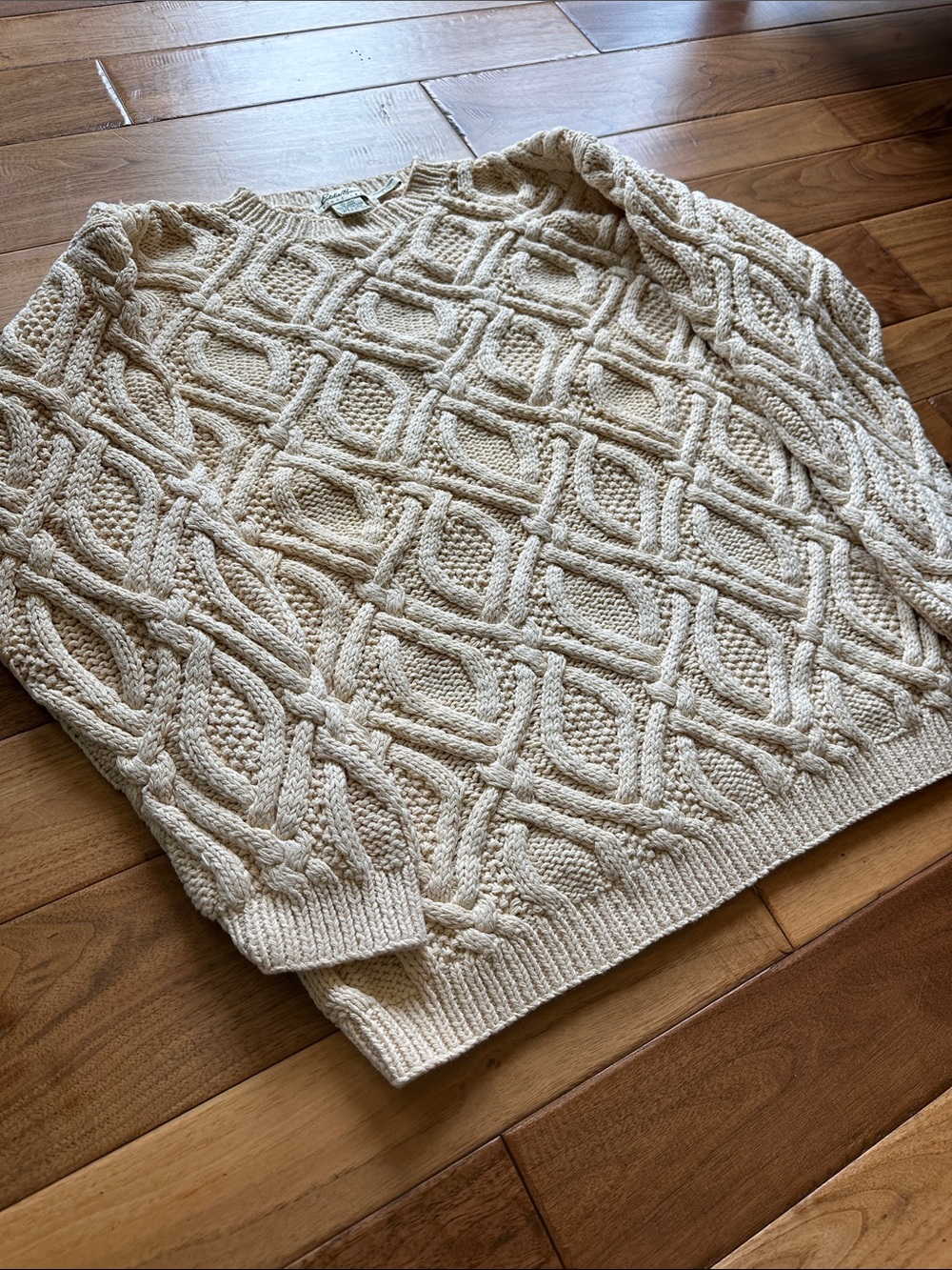 Vtg Eddie Bauer butter yellow fisherman core cable knit sweater Sz large - Picture 4 of 4